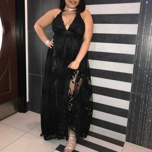 Black sheer prom dress with open back